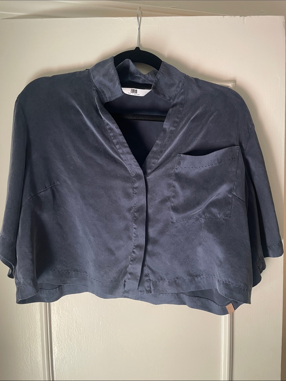lunya Navy Silk Short-Sleeve Button Top & Wide-Leg Pants - Picture 13 of 14